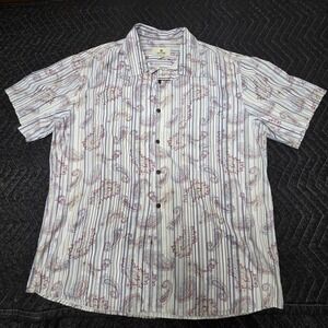 Solitude Mens Large Paisley Striped Short Sleeve Cotton Button Down Shirt White